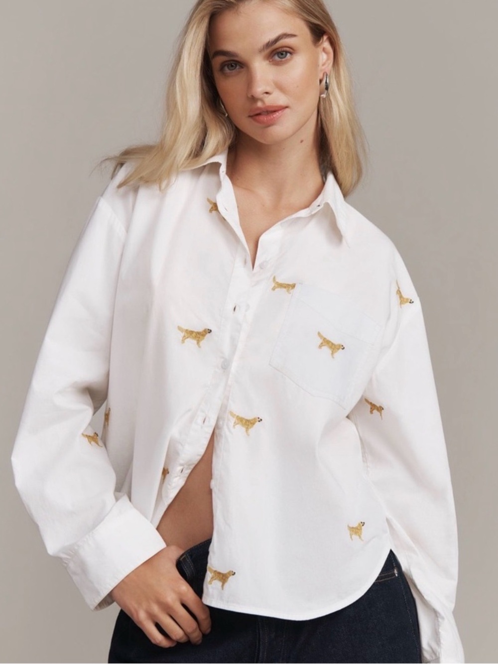 Maeve Golden Retriever Button Down Shirt/Blouse
